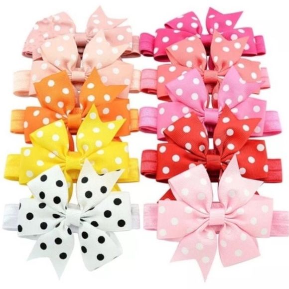20 Rainbow Color Polka Dot Pinwheel Bow Headbands - 3.5” Bows - Picture 2 of 8